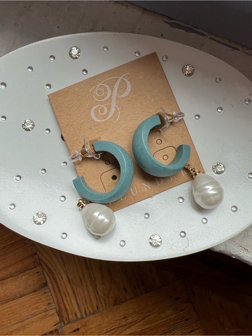 Plunder Light Blue Wood Hoop Earrings with Faux Pearl Drop NWT